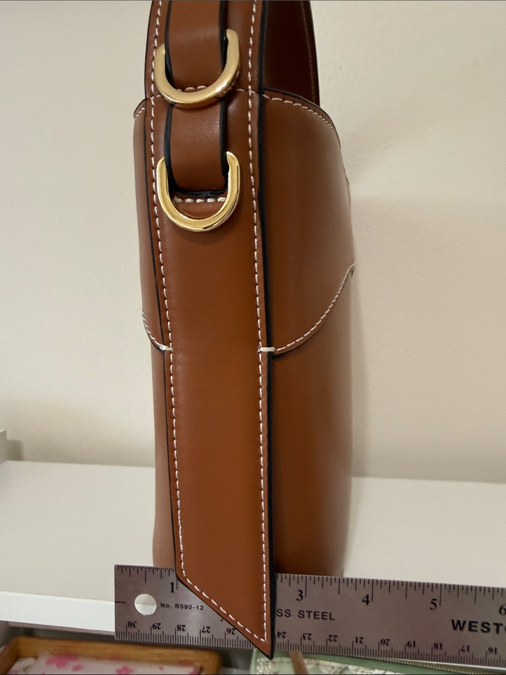 Structured Brown Leather Bucket Bag with Buckle Detail - Picture 10 of 11